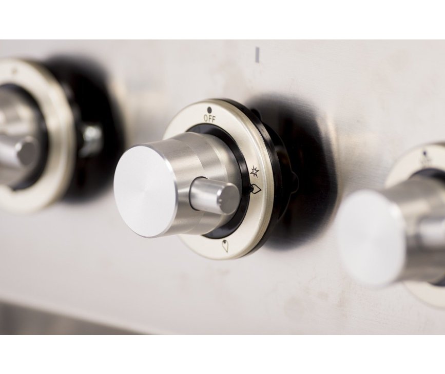 Foto van de strakke roestvrijstalen bedieningsknoppen voorop de Boretti VT96WTG. Deze knoppen zijn kenmerkend voor de Inizio serie.