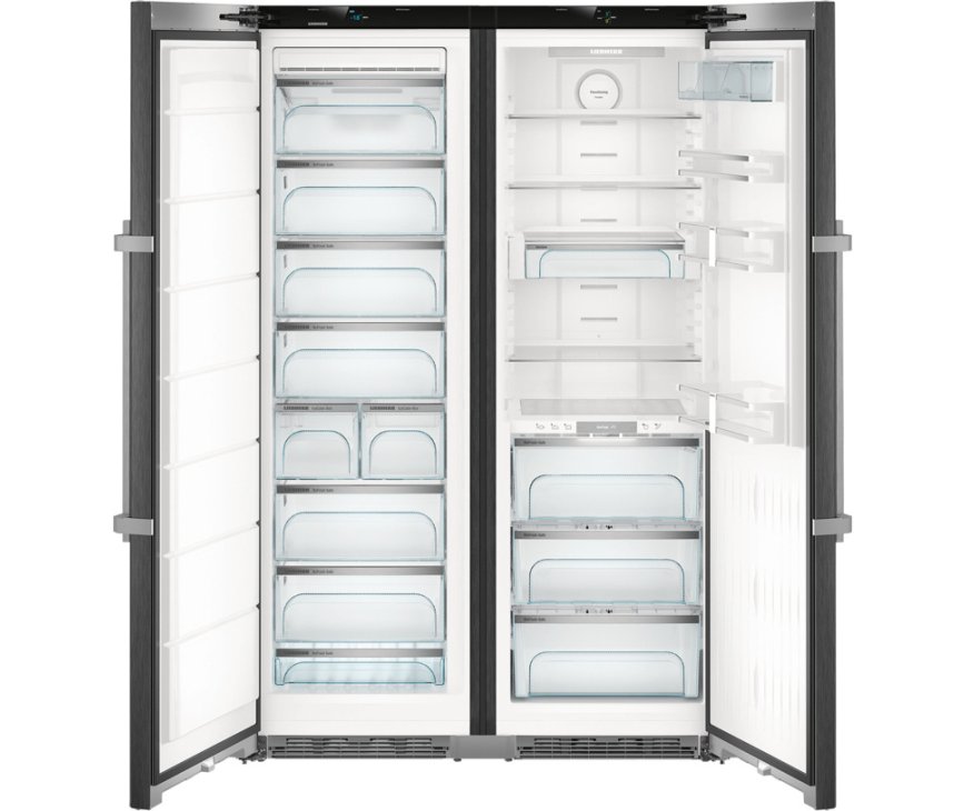 Het interieur van de Liebher SBSbs8673 side-by-side koelkast - blacksteel