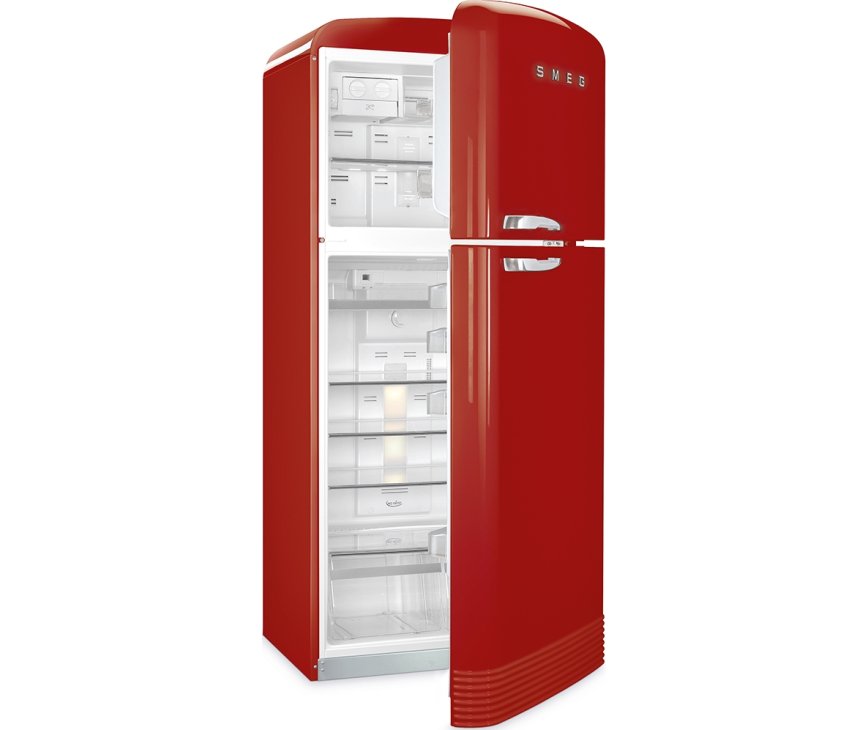 De Smeg FAB50RRD5 koelkast rood is uitgevoerd met een dubbele deur voor het vriesdeel