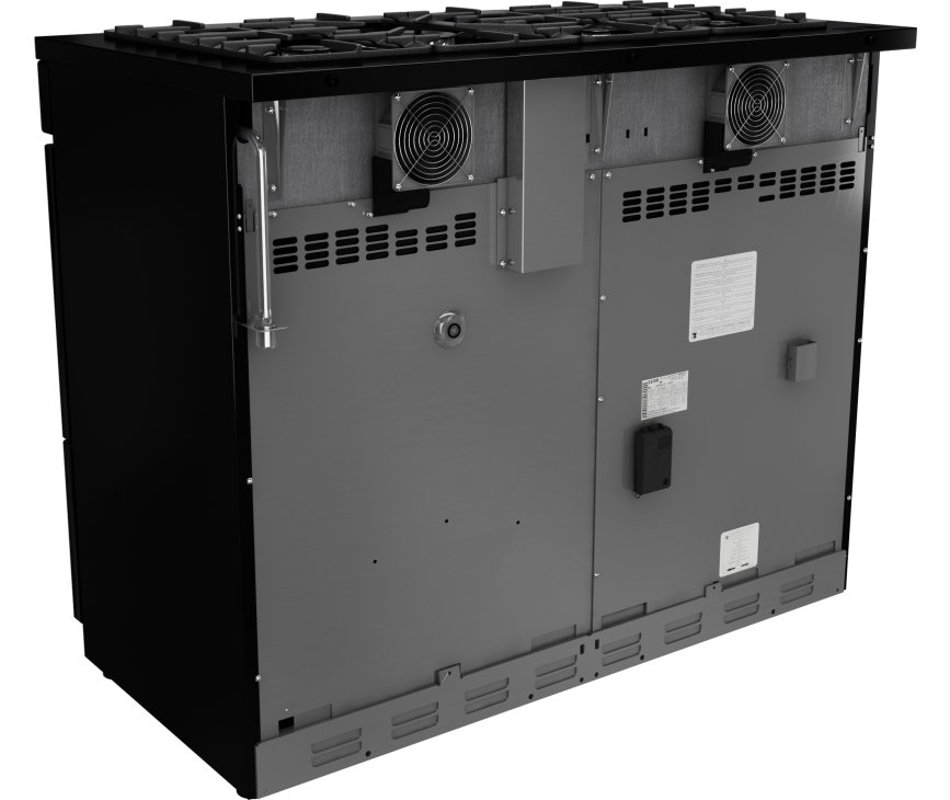 Foto van de achterzijde met daarop de gas-aansluiting, elektra blok en de dubbele ventilator voor de koeling