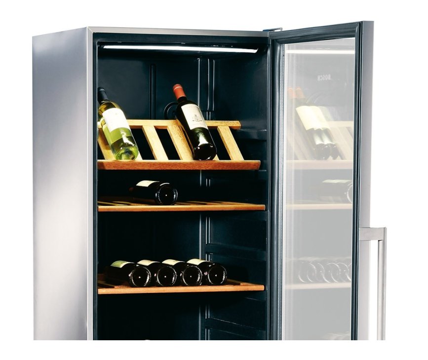De houten leggers zorgen voor een overzichtelijke indeling in uw wijn koelkast