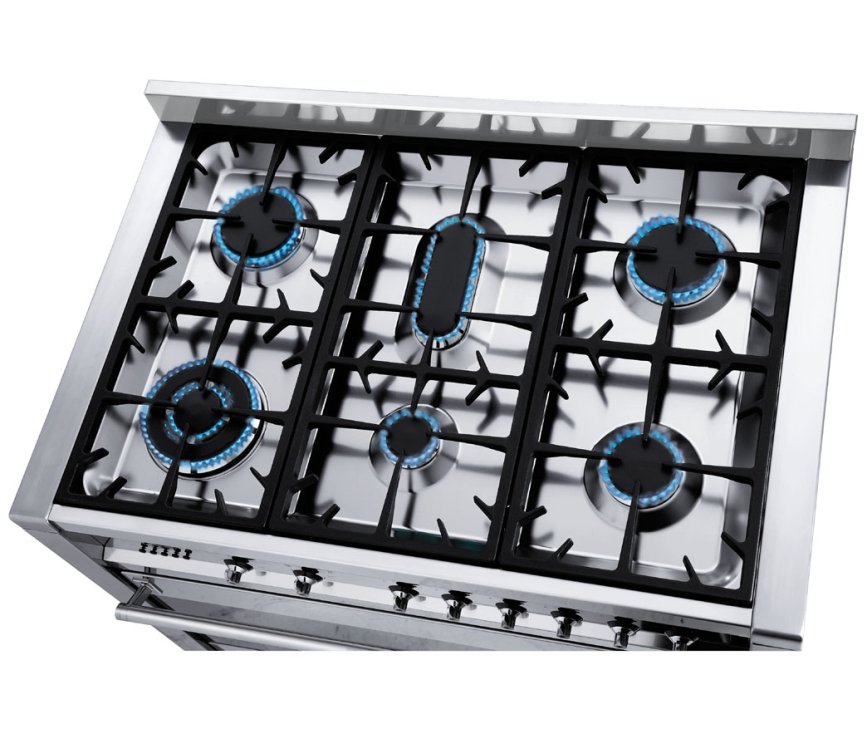 Het 6-pits kookgedeelte van het SMEG Opera fornuis heeft vlakke gietijzeren pandragers en een 4,2 kW sterke wok