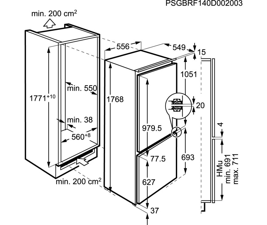 Maattekening Electrolux ENG2701AOW inbouw koelkast
