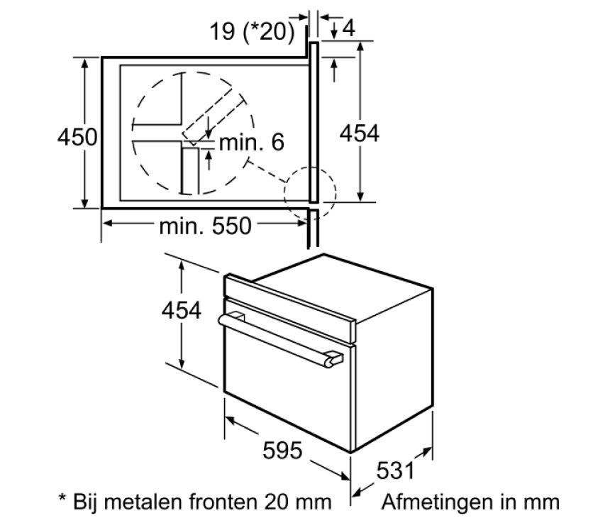 Buitenafmetingen van de SIEMENS combi oven-magnetron HB86K575N