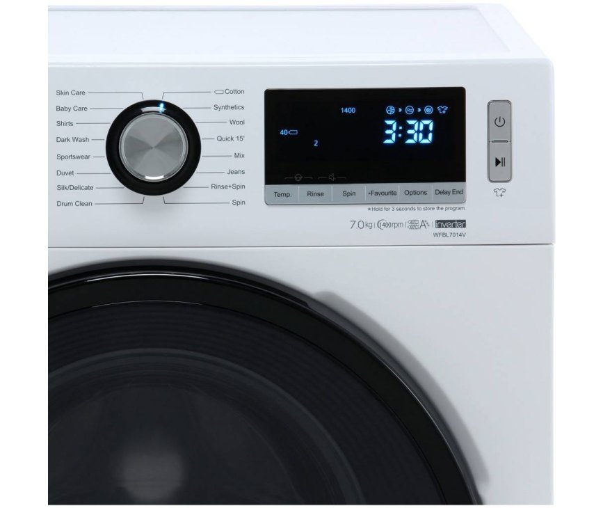 In het display van de Hisense WFBL7014V wasmachine wordt de resterende looptijd van het programma weergegeven