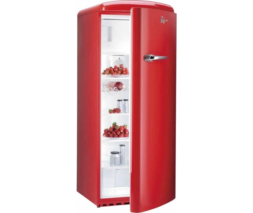 De rode PELGRIM koelkast PKV154ROO met geopende deur