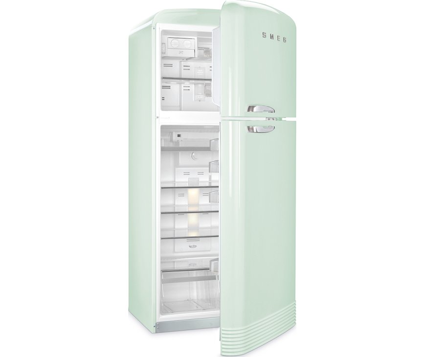 De Smeg FAB50RPG koelkast groen heeft een apart koel- en vriesdeel