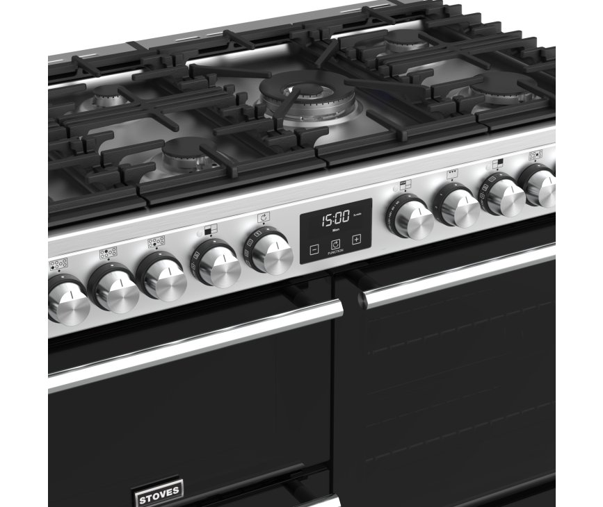Dankzij de wokbrander in het midden van het Stoves Precision DX S1000DF EU SS rvs fornuis kunt u koken op hoog vermogen