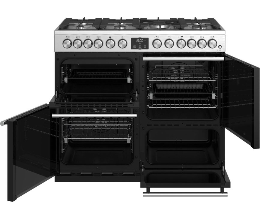 Het Stoves Precision DX S1000DF EU SS rvs fornuis heeft vier ovens van verschillende grootte