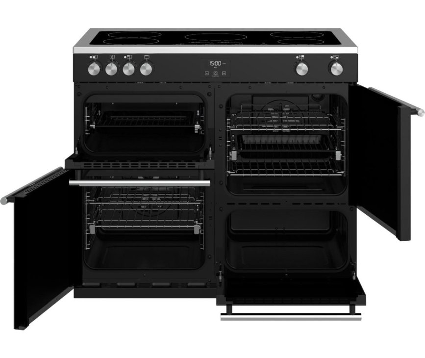 De Stoves Precision DX S1000 Ei BK zwart inductie fornuis heeft vier ovens van verschillende grootte
