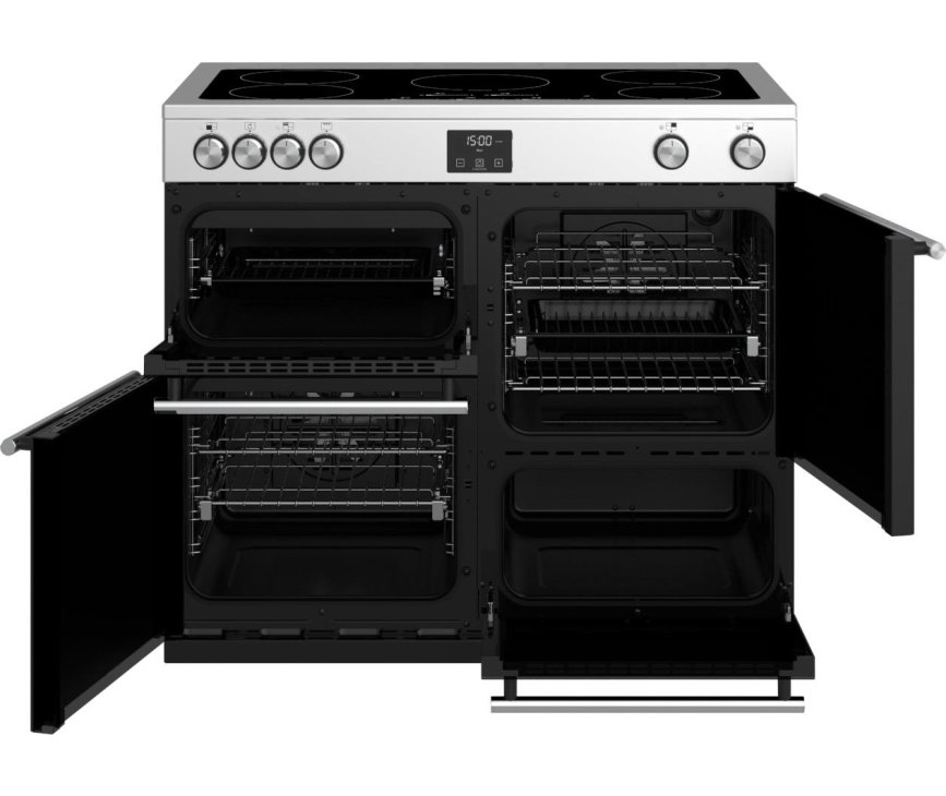 De Stoves Precision DX S1000 Ei SS rvs inductie fornuis heeft vier verschillende ovens