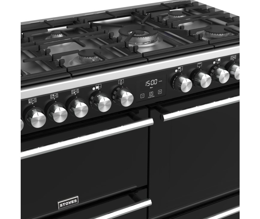 Dankzij de wokbrander op het Stoves Precision DX S1100DF EU BK fornuis kunt u koken op hoog vermogen