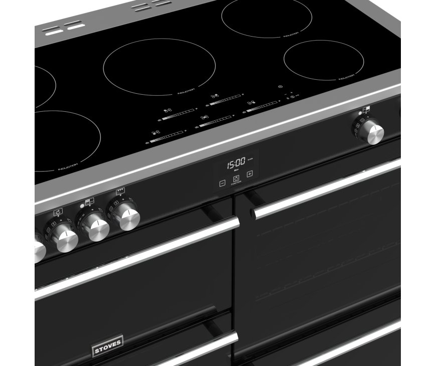 Het Stoves Precision DX S1100Ei BK zwart inductie fornuis heeft geblindeerde ovenruiten
