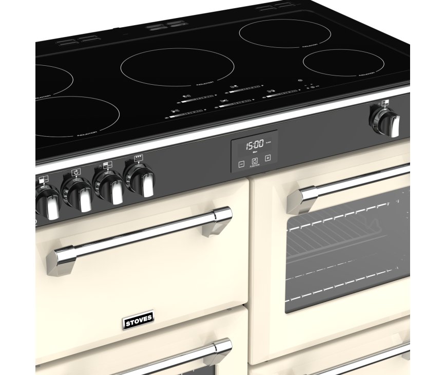 Het inductie kookgedeelte op de Stoves RICHMOND S1000 EI deluxe creme inductie fornuis heeft wel 5 zones!