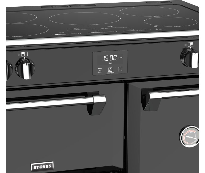 De bediening van het Stoves Richmond S900 EI zwart inductie fornuis zit bovenop de kookplaat