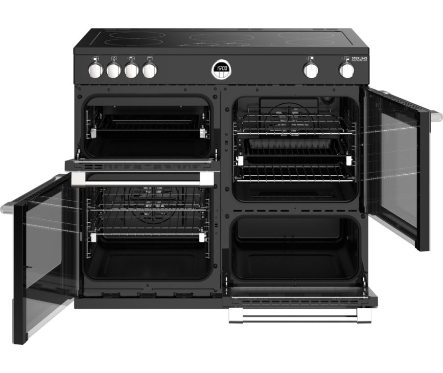 Het Stoves Sterling S1000 EI zwart inductie fornuis is voorzien van vier ovens 