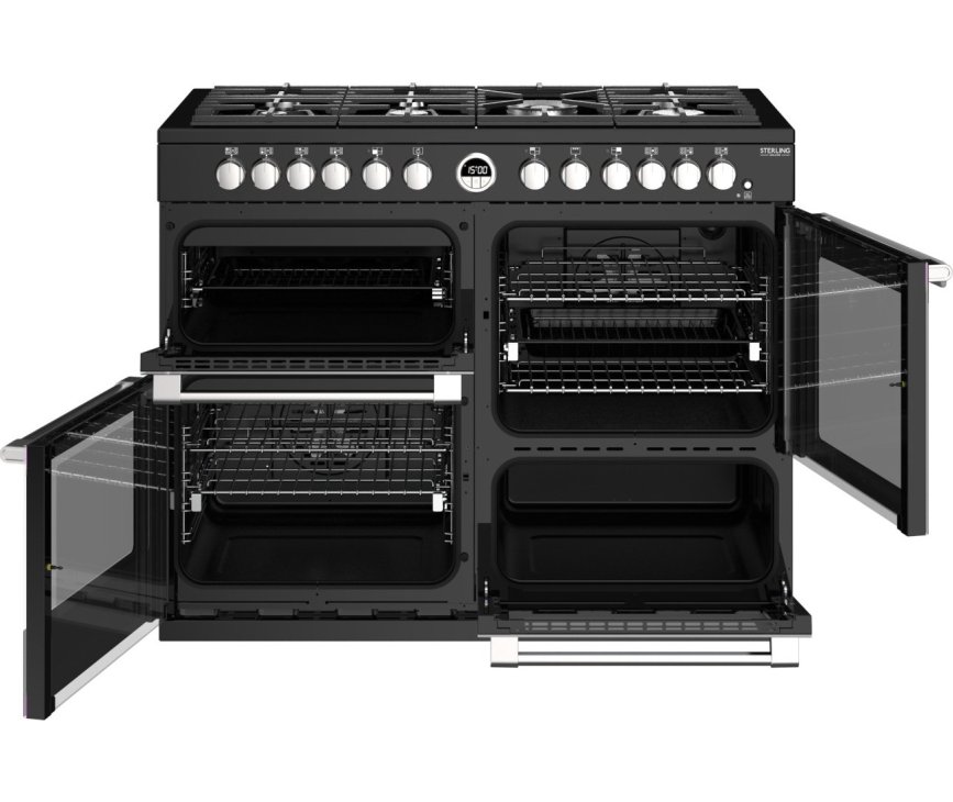 Het Stoves Sterling S1100 DF Deluxe zwart fornuis is voorzien van vier ovens