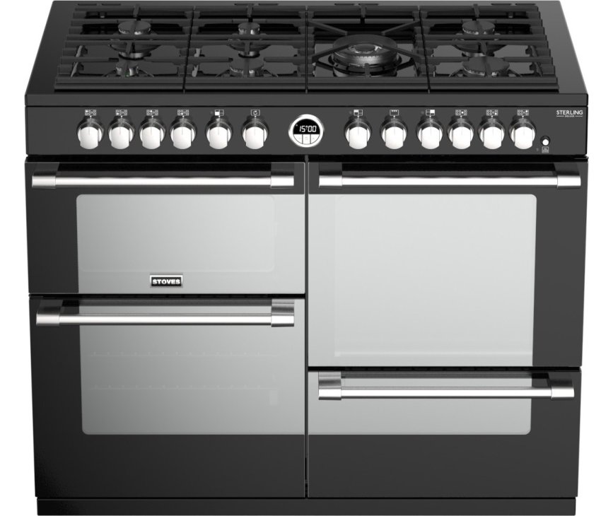 Het Stoves Sterling S1100 DF Deluxe zwart fornuis heeft spiegelende ovenruiten
