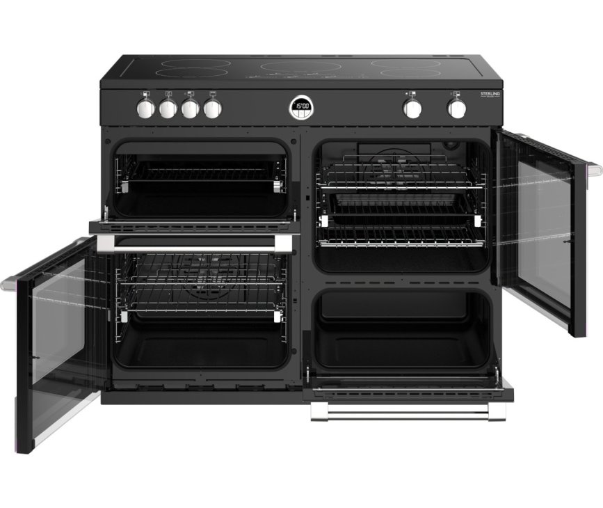 Het Stoves Sterling S1100 Ei Deluxe zwart inductie fornuis heeft vier verschillende ovens!