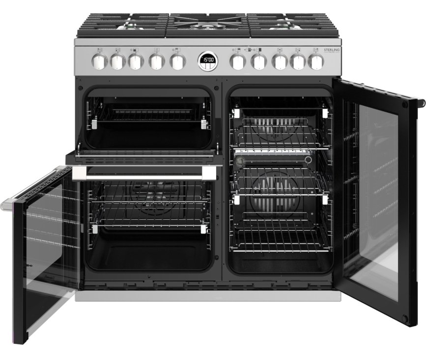 De vier ovens van het Stoves Sterling S900 DF rvs fornuis