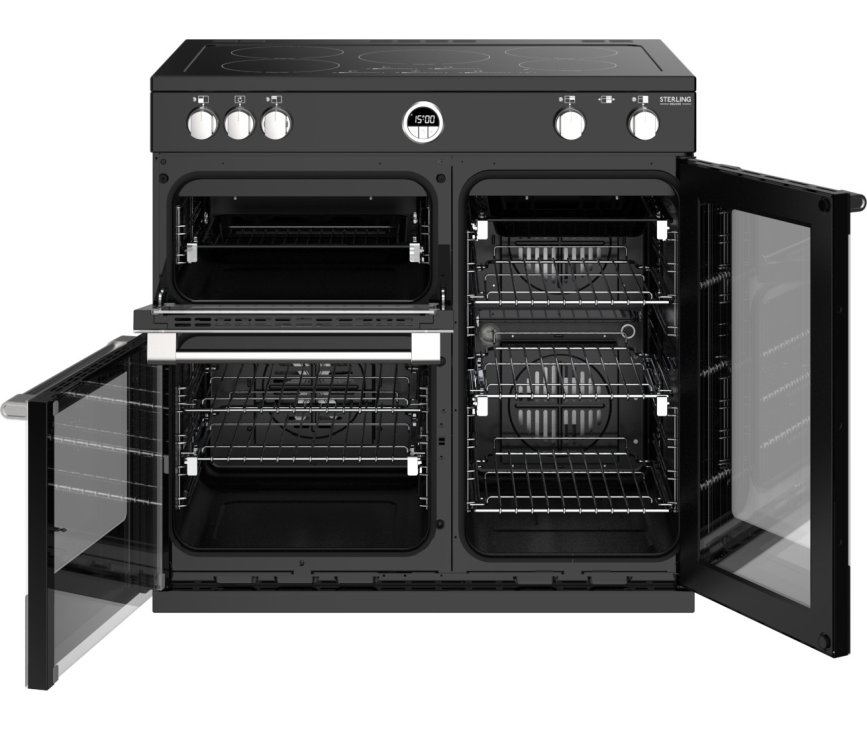 De drie ovens van het Sterling S900 EI Deluxe zwart inductie fornuis