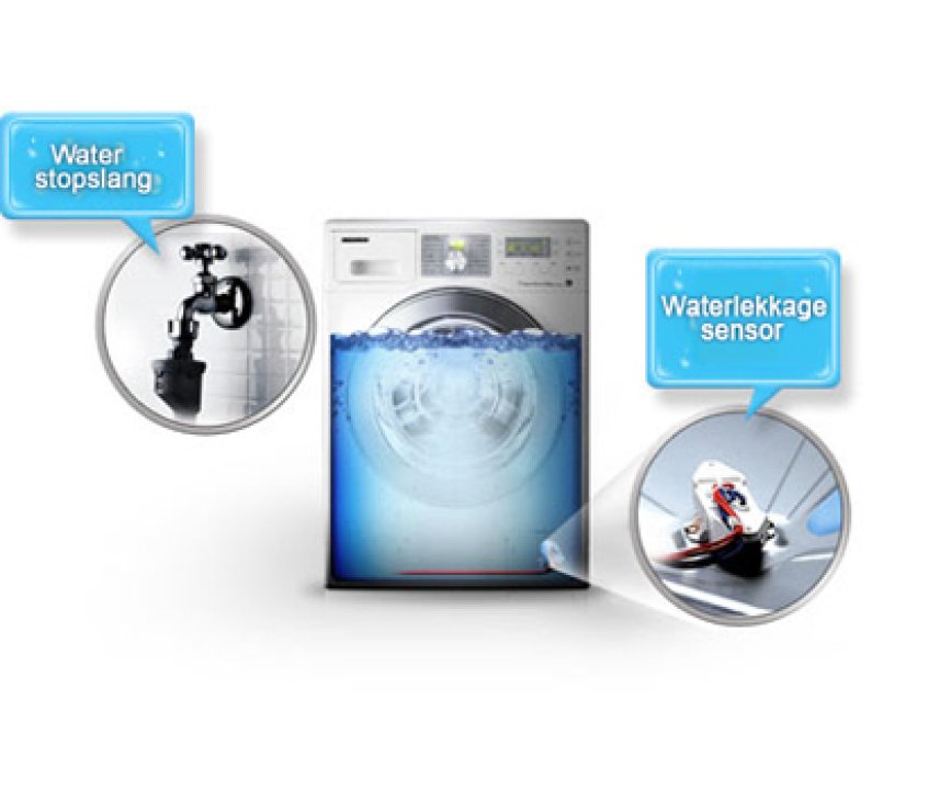 De Samsung WF806P4SAWQ wasmachine beschikt over een Aquastop met sensor voor optimale beveiliging tegen lekkage
