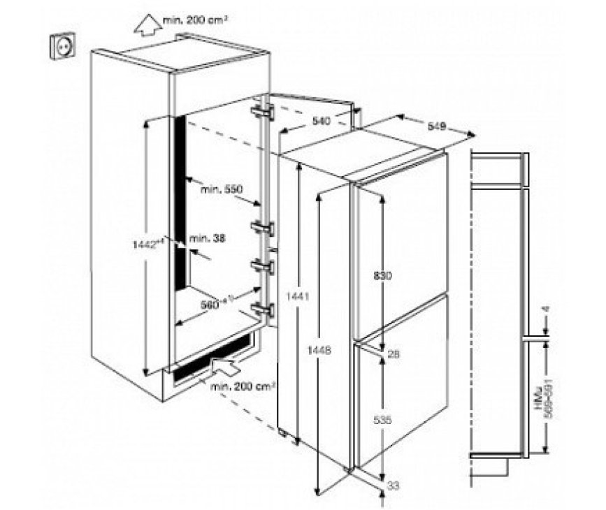 Maattekening Zanussi ZBB24430SA inbouw koelkast