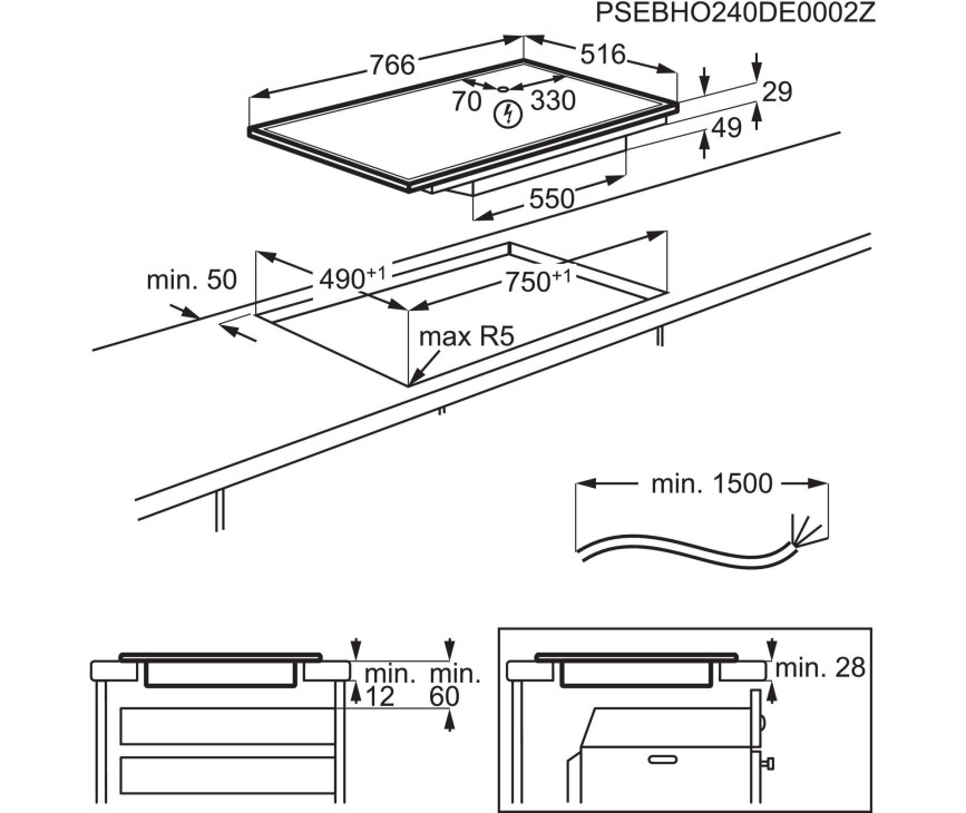 AEG TO84IA0FXB inbouw kookplaat - 80 cm. - rvs stootrand