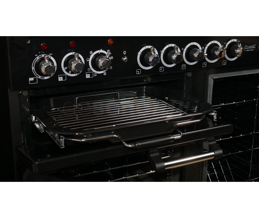 Falcon Classic Deluxe 100 inductie fornuis in de kleur zwart met chroom beslag