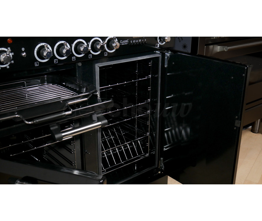 Falcon Classic Deluxe 100 inductie fornuis in de kleur zwart met chroom beslag