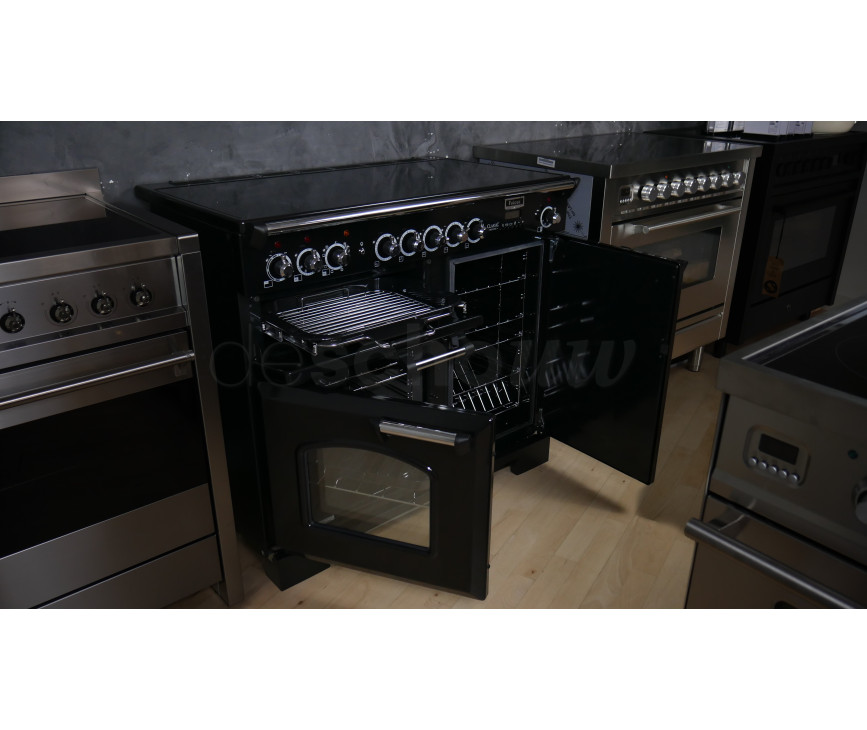 Falcon Classic Deluxe 100 inductie fornuis in de kleur zwart met chroom beslag