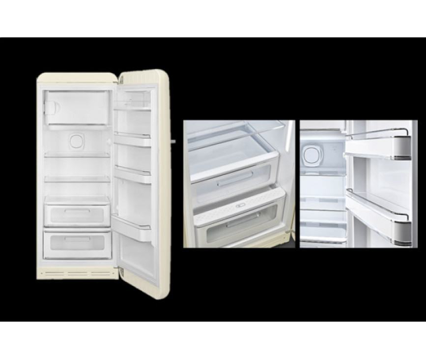 Het interieur van de Smeg FAB28LYW5 koelkast geel - linksdraaiend heeft verschillende leggers en deurbakken