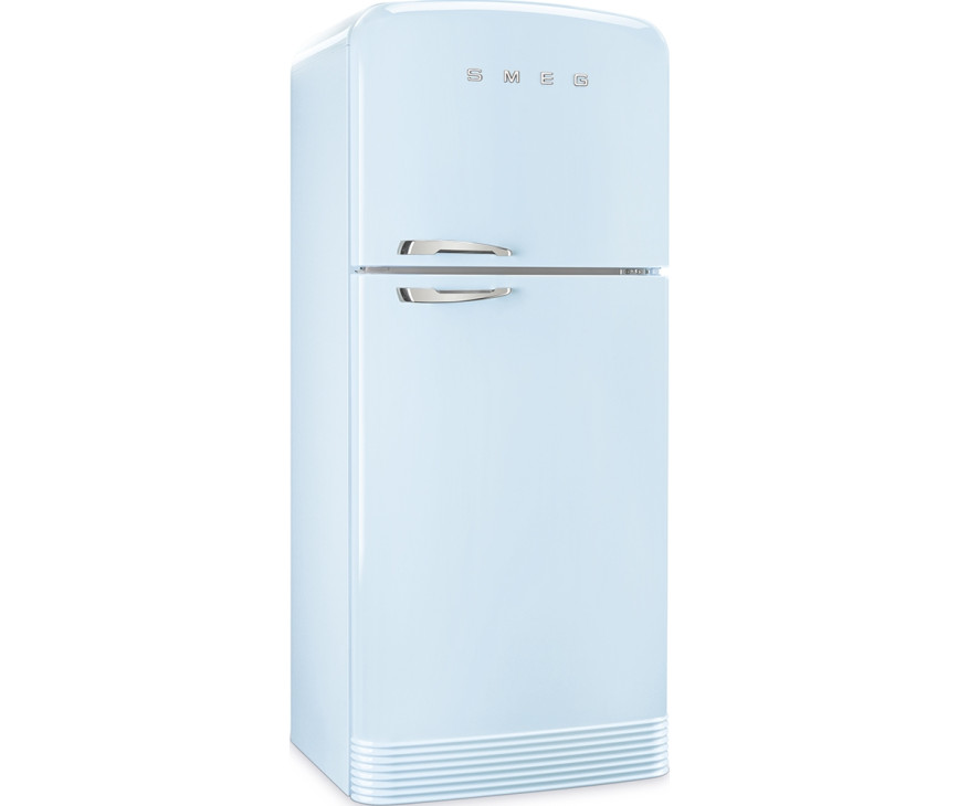 De Smeg FAB50RPB5 koelkast blauw heeft kenmerkende afgeronde hoeken en chromen details