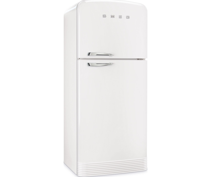De Smeg FAB50RWH5 koelkast wit heeft afgeronde hoeken en mooie chromen details
