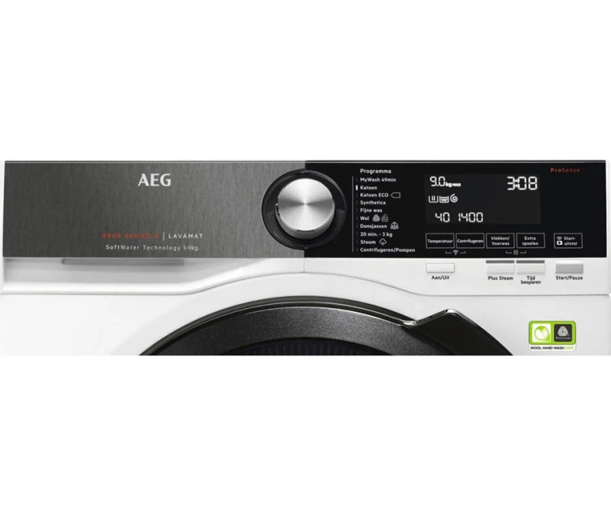 Foto van het blacksteel bedieningspaneel van de Aeg L9FEN96BC wasmachine