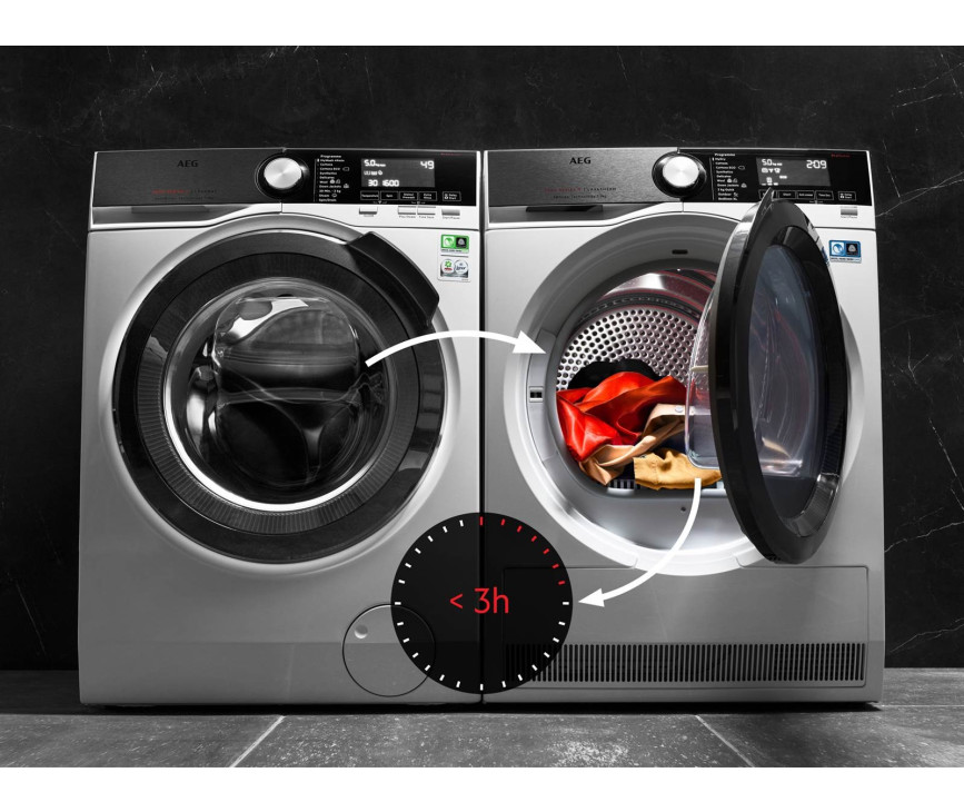 De Aeg L9FEN96BC wasmachine gecombineerd met de bijpassende wasdroger