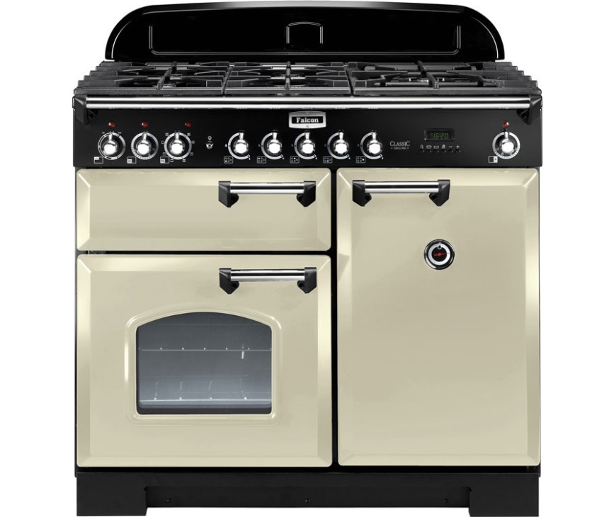 Falcon Classic Deluxe 100 gas-elektro fornuis in de kleur creme met chroom beslag