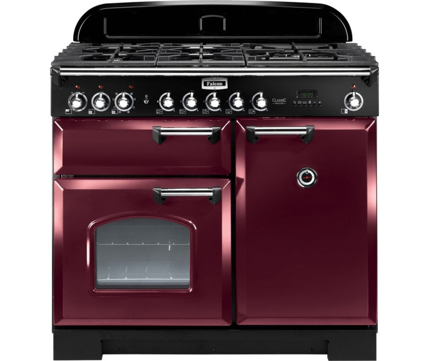 Falcon Classic Deluxe 100 gas-elektro fornuis in de kleur cranberry rood met chroom beslag