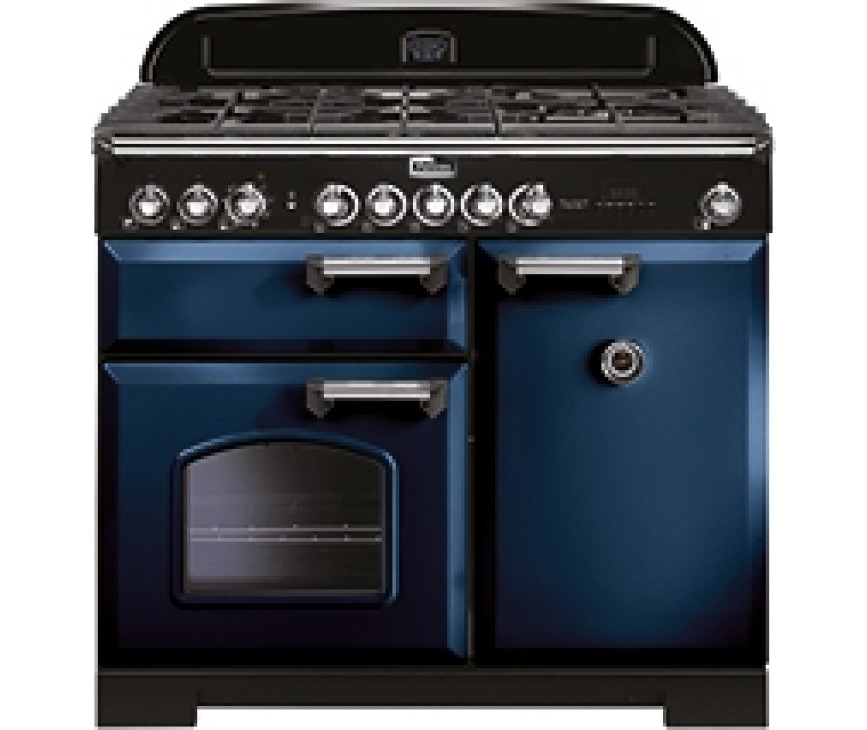 De Falcon Classic Deluxe 100 gas-elektro fornuis afgebeeld in het blauw