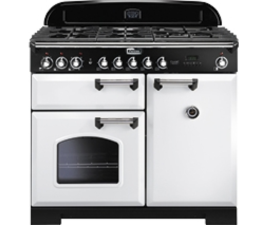 Falcon Classic Deluxe 100 gas-elektro fornuis in de kleur wit met chroom beslag