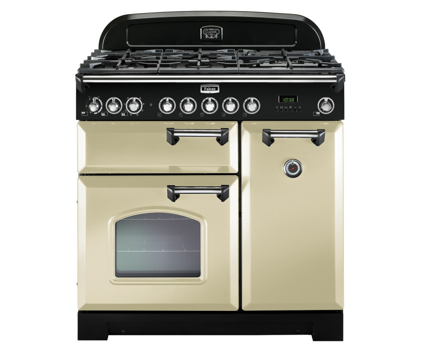 FALCON Classic Deluxe 90 gas/elektro fornuis creme met crhoom beslag