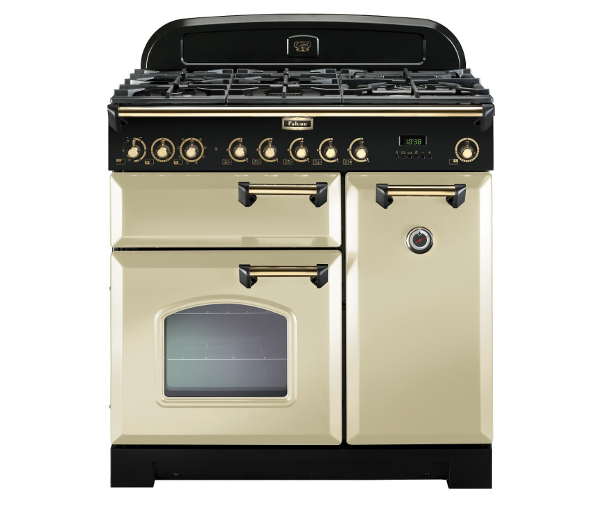 FALCON Classic Deluxe 90 gas/elektro fornuis creme afgebeeld met messing beslag