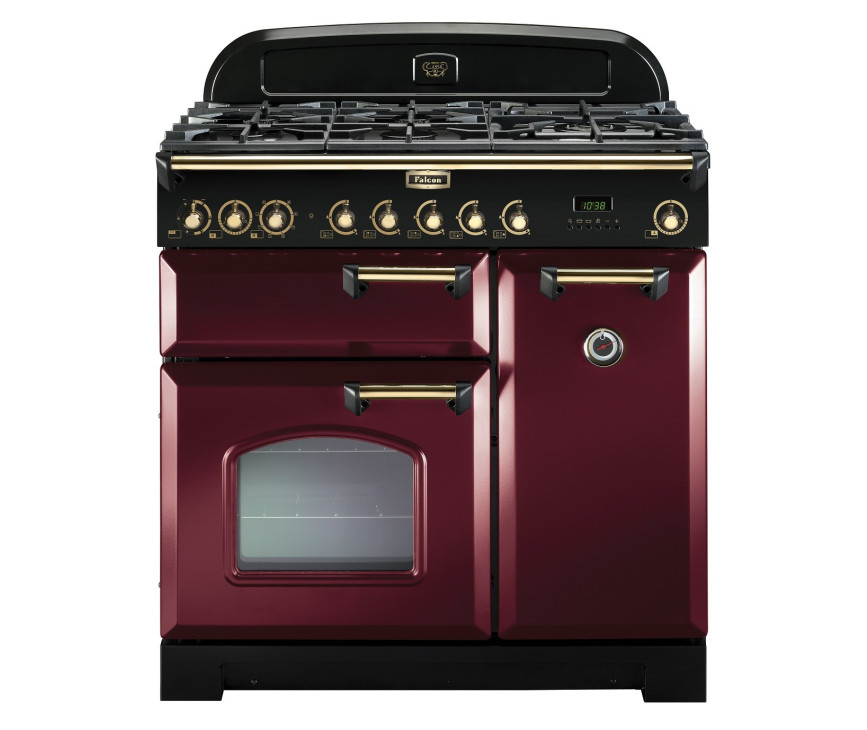 FALCON Classic Deluxe 90 gas/elektro fornuis Cranberry met messing beslag