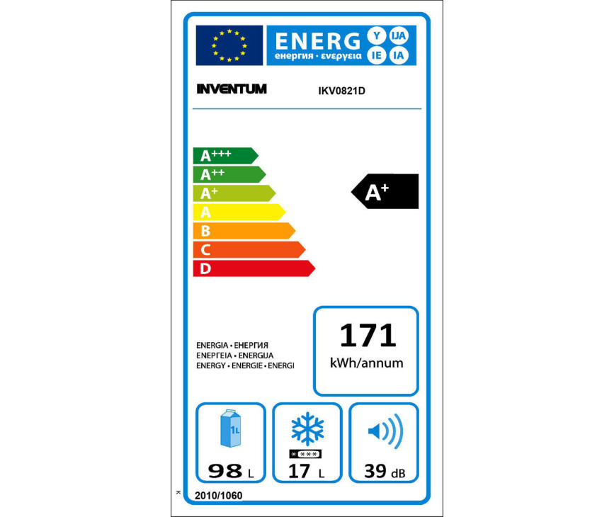 De Inventum IKV0821D heeft een zuinig energieklasse A+ label en verbruikt gemiddeld 171 kW per jaar.