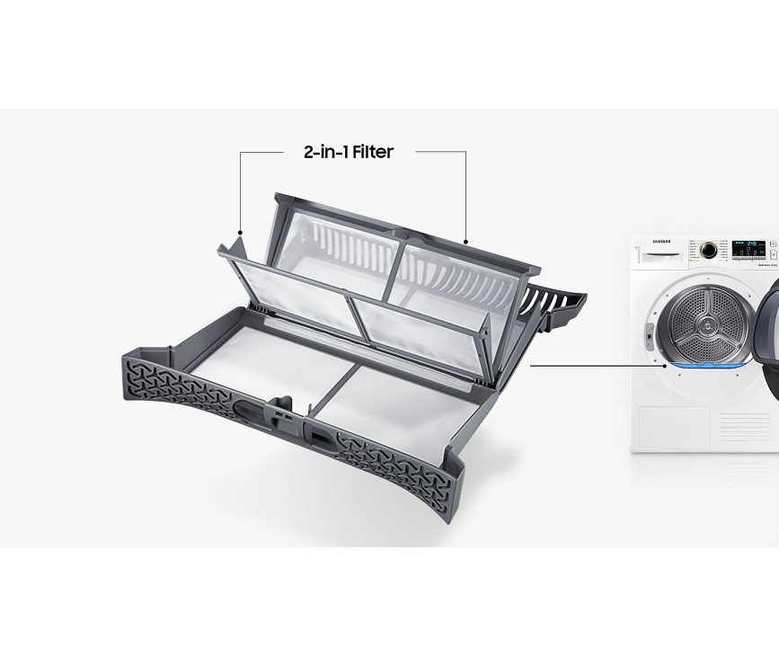 Praktisch is het 2-in-1 filter in de Samsung DV70M5020IW welke zorgt voor optimale prestaties