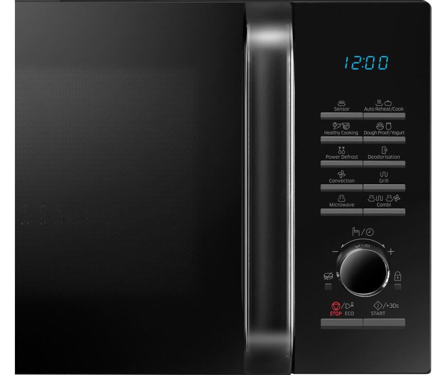 Het bedieningspaneel van de Samsung MC28H5125AK is voorzien van drukknoppen en een draaiknop