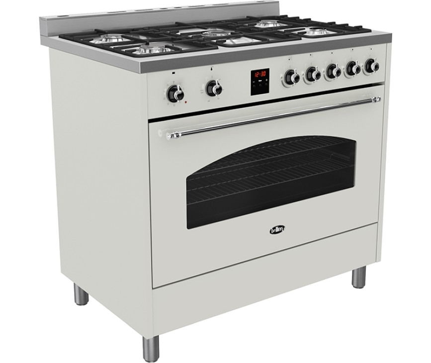 De Belling SCR900DFT fornuis old white is strak tussen twee kasten te plaatsen