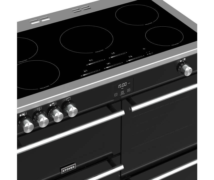 De Stoves Precision DX S1000 Ei BK zwart inductie fornuis heeft een kookplaat met een 3,7 kW powerboost