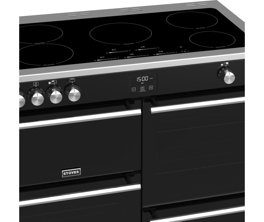 De Stoves Precision DX S1000 Ei BK zwart inductie fornuis heeft een inductiekookplaat met vijf zones