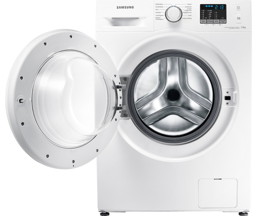 De SAMSUNG wasmachine WF70F5E0Z4W is uitgevoerd met een linksdraaiende deur